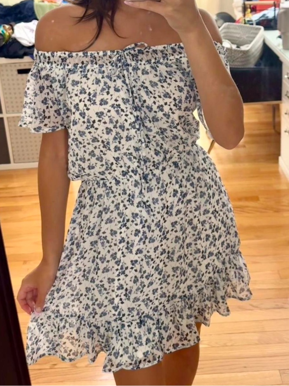 Off-Shoulder White Floral Sundress with Blue Print